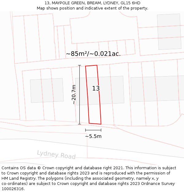13, MAYPOLE GREEN, BREAM, LYDNEY, GL15 6HD: Plot and title map