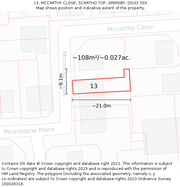13, MCCARTHY CLOSE, SCARTHO TOP, GRIMSBY, DN33 3SX: Plot and title map