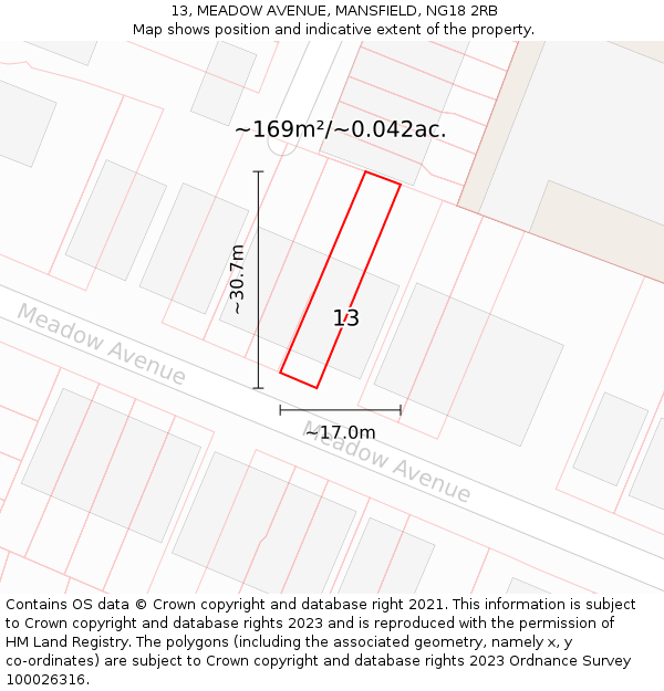13, MEADOW AVENUE, MANSFIELD, NG18 2RB: Plot and title map