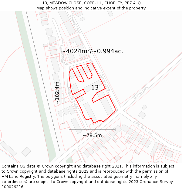 13, MEADOW CLOSE, COPPULL, CHORLEY, PR7 4LQ: Plot and title map