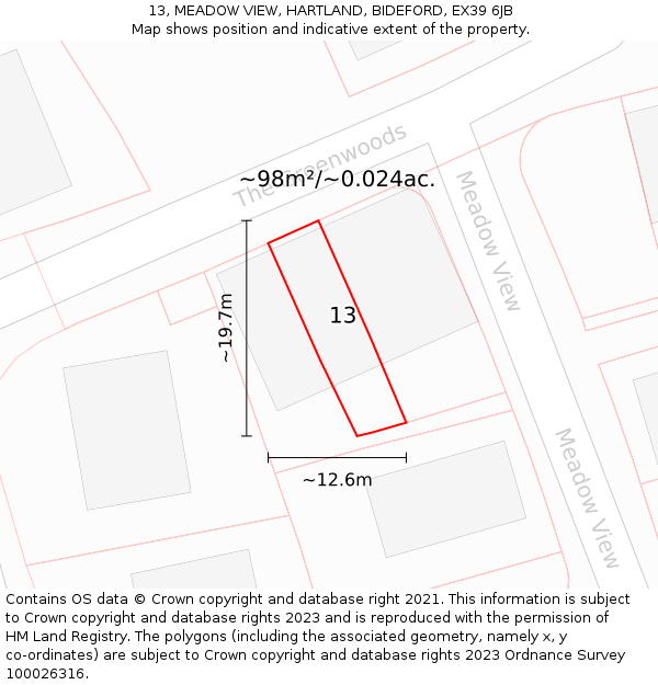 13, MEADOW VIEW, HARTLAND, BIDEFORD, EX39 6JB: Plot and title map