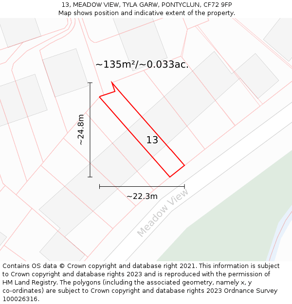 13, MEADOW VIEW, TYLA GARW, PONTYCLUN, CF72 9FP: Plot and title map