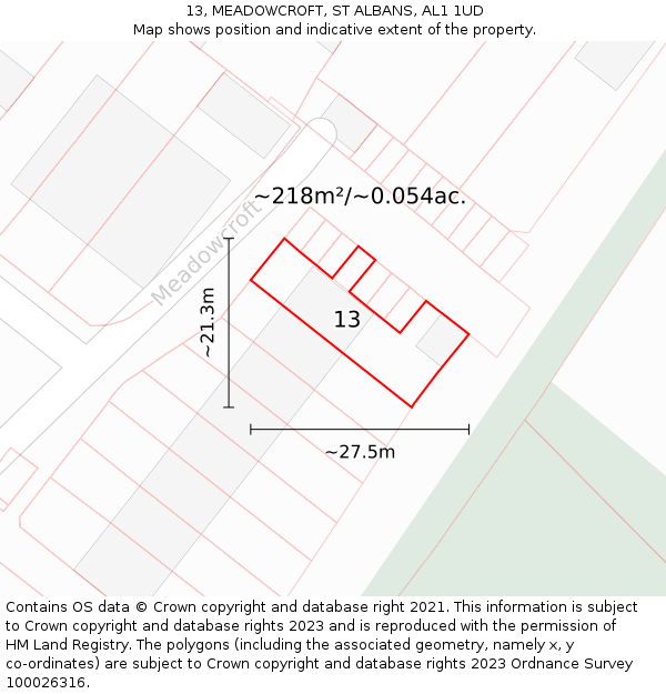 13, MEADOWCROFT, ST ALBANS, AL1 1UD: Plot and title map