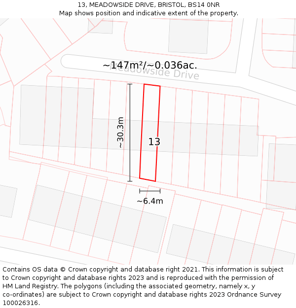 13, MEADOWSIDE DRIVE, BRISTOL, BS14 0NR: Plot and title map