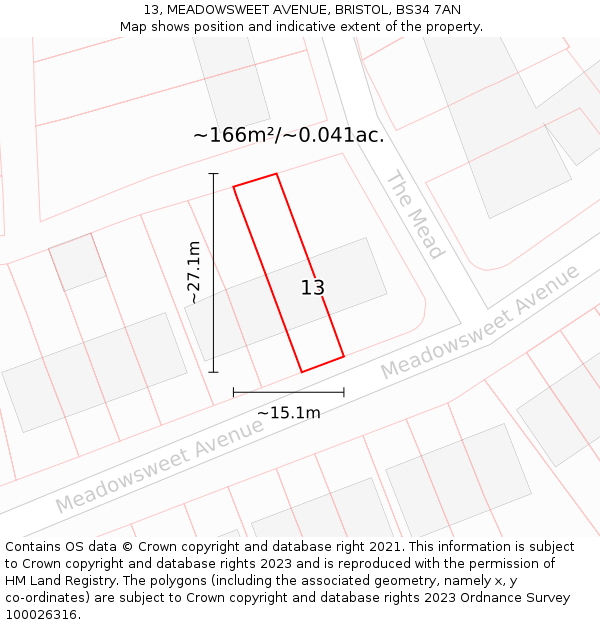 13, MEADOWSWEET AVENUE, BRISTOL, BS34 7AN: Plot and title map