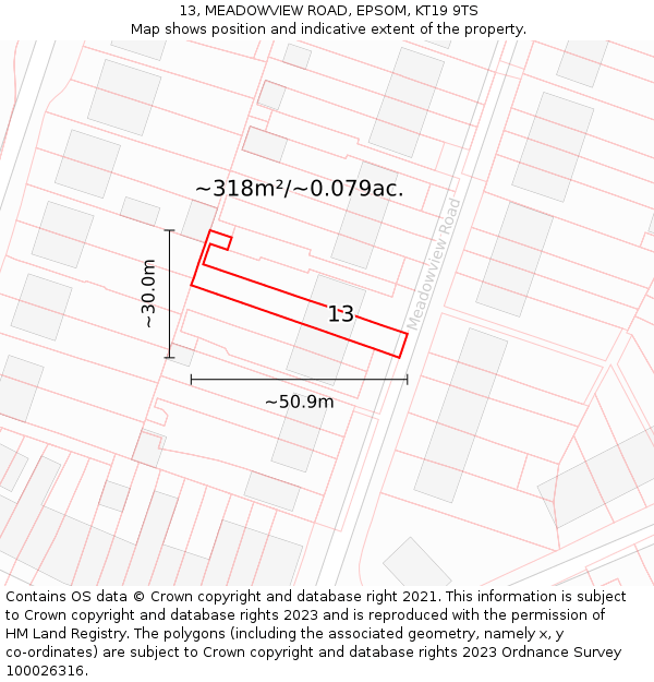 13, MEADOWVIEW ROAD, EPSOM, KT19 9TS: Plot and title map