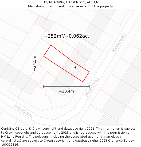 13, MEADWAY, HARPENDEN, AL5 1JN: Plot and title map