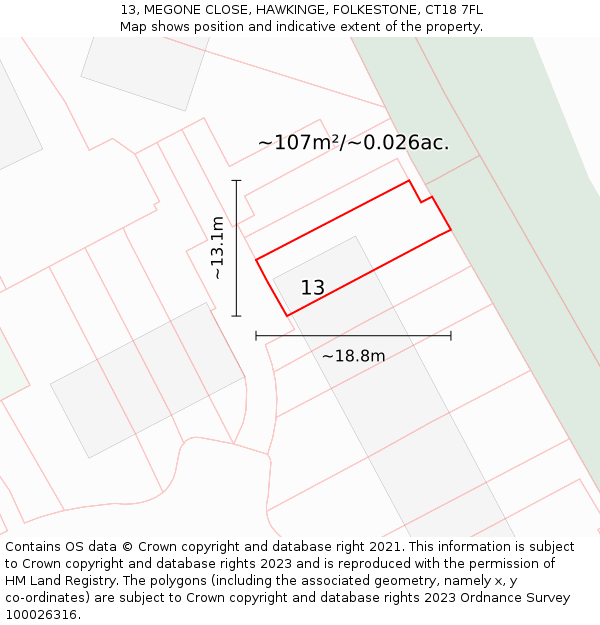 13, MEGONE CLOSE, HAWKINGE, FOLKESTONE, CT18 7FL: Plot and title map