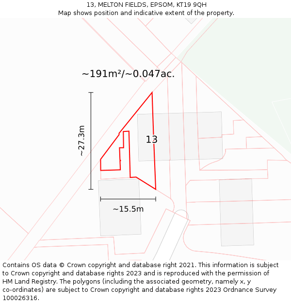 13, MELTON FIELDS, EPSOM, KT19 9QH: Plot and title map
