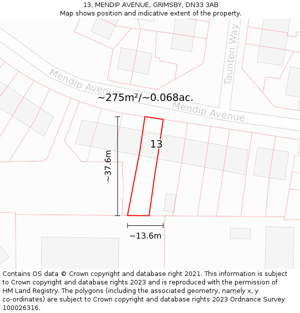 13, MENDIP AVENUE, GRIMSBY, DN33 3AB: Plot and title map