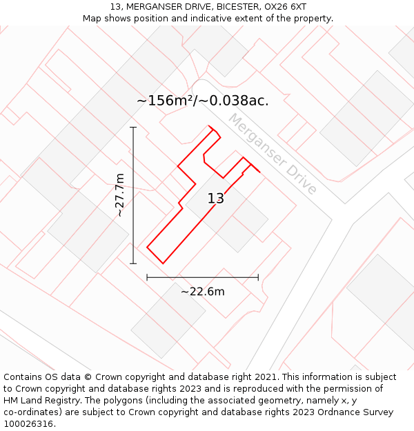 13, MERGANSER DRIVE, BICESTER, OX26 6XT: Plot and title map