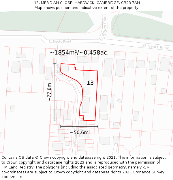 13, MERIDIAN CLOSE, HARDWICK, CAMBRIDGE, CB23 7AN: Plot and title map
