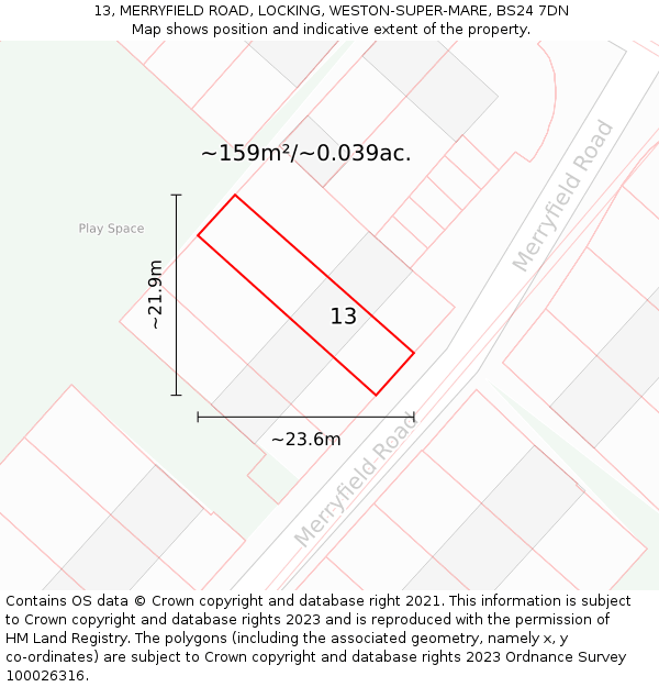 13, MERRYFIELD ROAD, LOCKING, WESTON-SUPER-MARE, BS24 7DN: Plot and title map