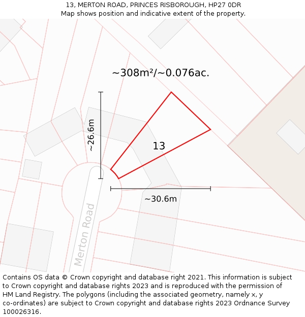 13, MERTON ROAD, PRINCES RISBOROUGH, HP27 0DR: Plot and title map