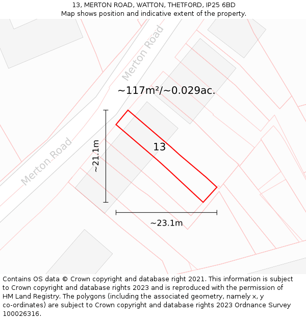 13, MERTON ROAD, WATTON, THETFORD, IP25 6BD: Plot and title map