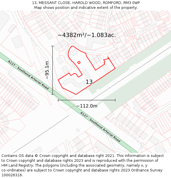 13, MESSANT CLOSE, HAROLD WOOD, ROMFORD, RM3 0WP: Plot and title map