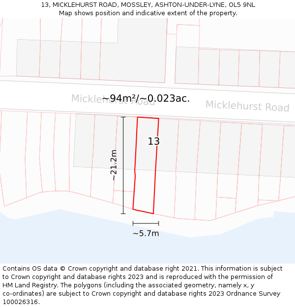 13, MICKLEHURST ROAD, MOSSLEY, ASHTON-UNDER-LYNE, OL5 9NL: Plot and title map