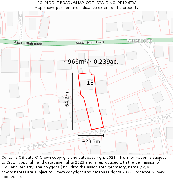 13, MIDDLE ROAD, WHAPLODE, SPALDING, PE12 6TW: Plot and title map