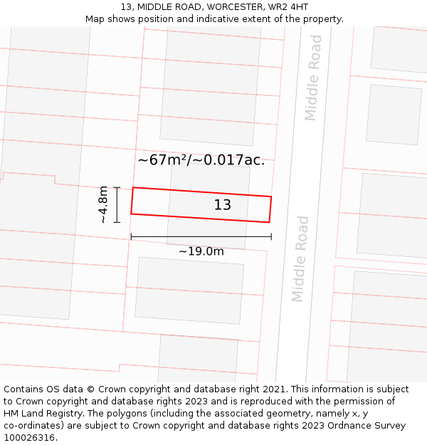 13, MIDDLE ROAD, WORCESTER, WR2 4HT: Plot and title map
