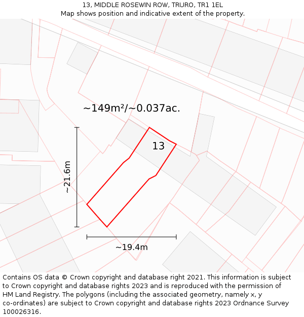 13, MIDDLE ROSEWIN ROW, TRURO, TR1 1EL: Plot and title map