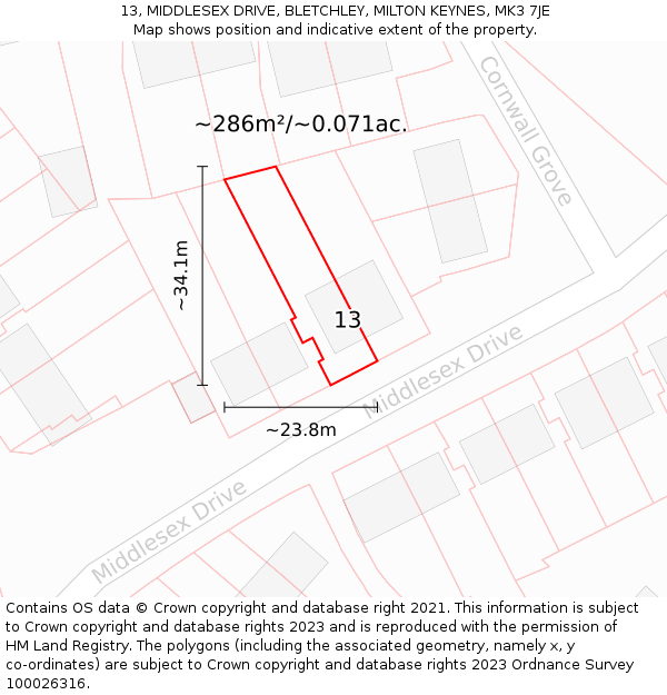 13, MIDDLESEX DRIVE, BLETCHLEY, MILTON KEYNES, MK3 7JE: Plot and title map