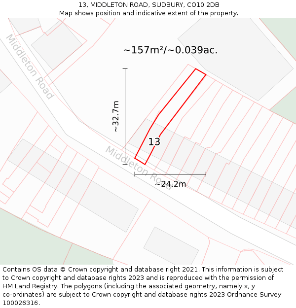 13, MIDDLETON ROAD, SUDBURY, CO10 2DB: Plot and title map