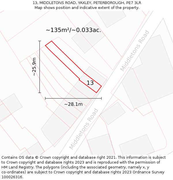 13, MIDDLETONS ROAD, YAXLEY, PETERBOROUGH, PE7 3LR: Plot and title map