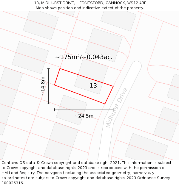 13, MIDHURST DRIVE, HEDNESFORD, CANNOCK, WS12 4RF: Plot and title map