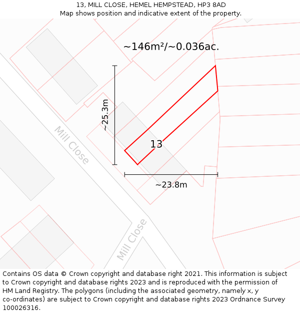 13, MILL CLOSE, HEMEL HEMPSTEAD, HP3 8AD: Plot and title map