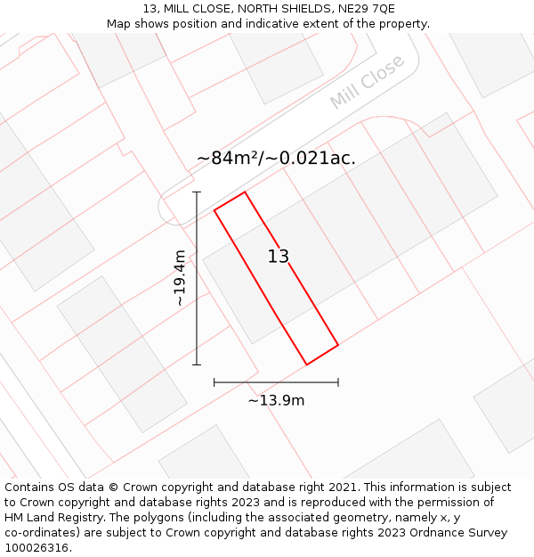 13, MILL CLOSE, NORTH SHIELDS, NE29 7QE: Plot and title map