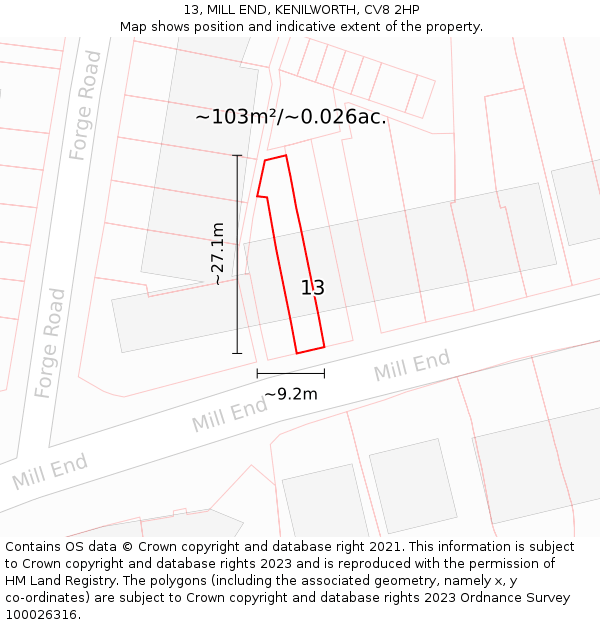 13, MILL END, KENILWORTH, CV8 2HP: Plot and title map