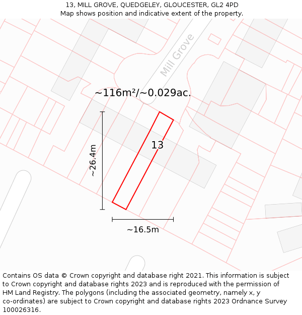 13, MILL GROVE, QUEDGELEY, GLOUCESTER, GL2 4PD: Plot and title map
