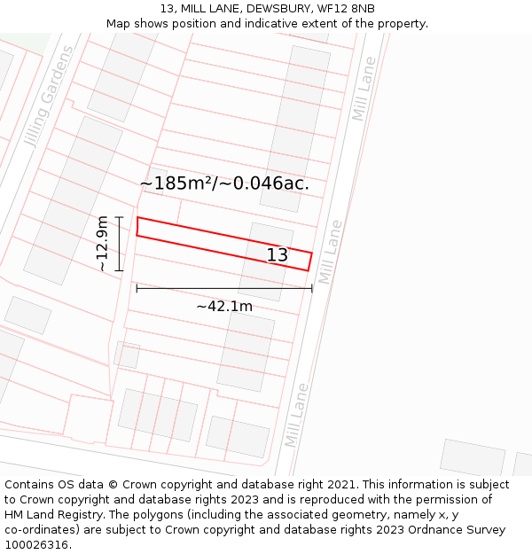 13, MILL LANE, DEWSBURY, WF12 8NB: Plot and title map
