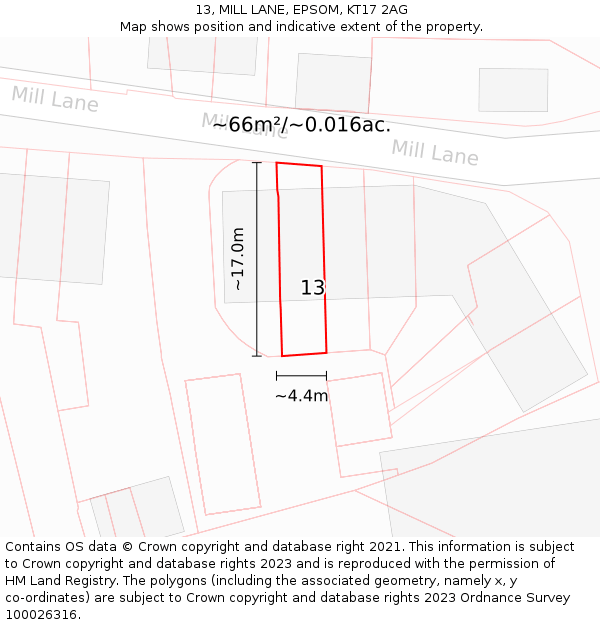 13, MILL LANE, EPSOM, KT17 2AG: Plot and title map