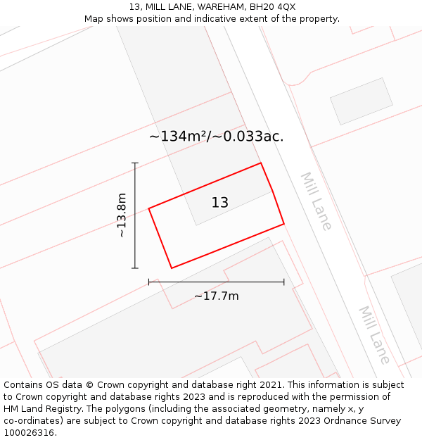 13, MILL LANE, WAREHAM, BH20 4QX: Plot and title map