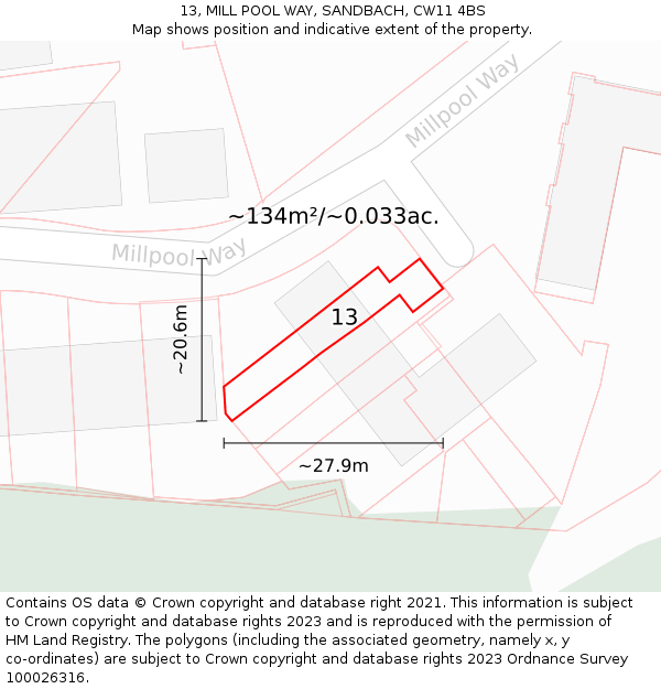 13, MILL POOL WAY, SANDBACH, CW11 4BS: Plot and title map