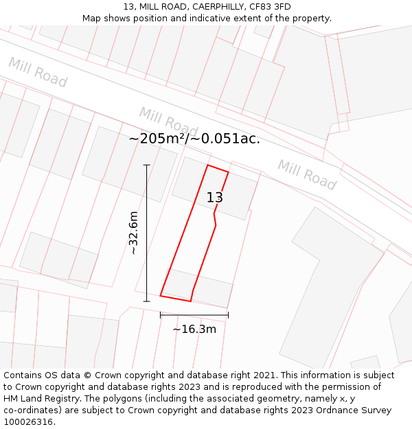 13, MILL ROAD, CAERPHILLY, CF83 3FD: Plot and title map