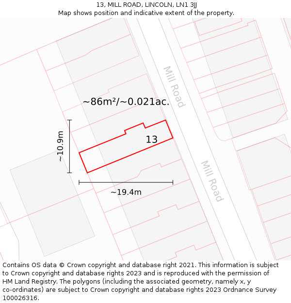 13, MILL ROAD, LINCOLN, LN1 3JJ: Plot and title map