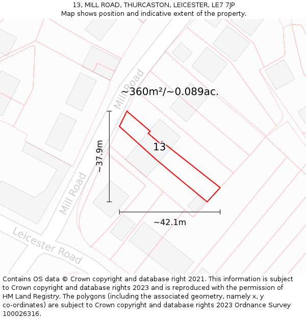 13, MILL ROAD, THURCASTON, LEICESTER, LE7 7JP: Plot and title map