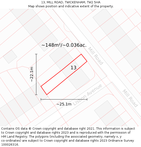 13, MILL ROAD, TWICKENHAM, TW2 5HA: Plot and title map