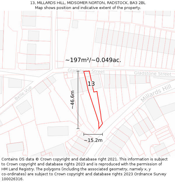13, MILLARDS HILL, MIDSOMER NORTON, RADSTOCK, BA3 2BL: Plot and title map