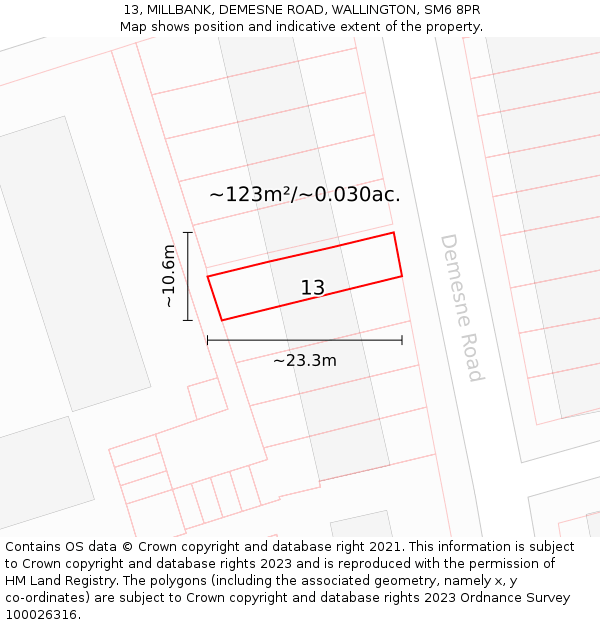 13, MILLBANK, DEMESNE ROAD, WALLINGTON, SM6 8PR: Plot and title map