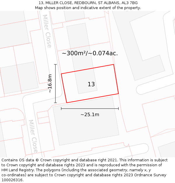 13, MILLER CLOSE, REDBOURN, ST ALBANS, AL3 7BG: Plot and title map