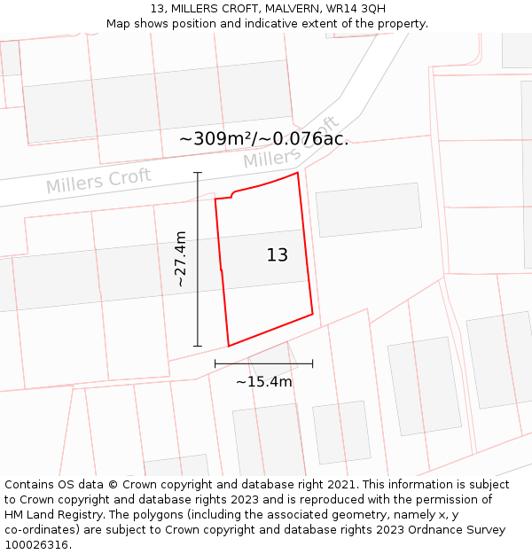 13, MILLERS CROFT, MALVERN, WR14 3QH: Plot and title map