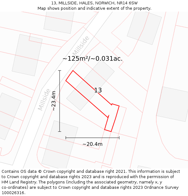 13, MILLSIDE, HALES, NORWICH, NR14 6SW: Plot and title map