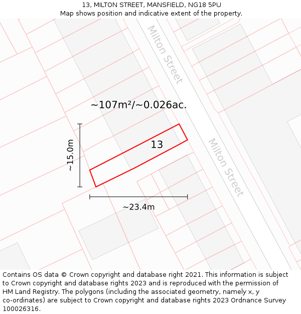 13, MILTON STREET, MANSFIELD, NG18 5PU: Plot and title map