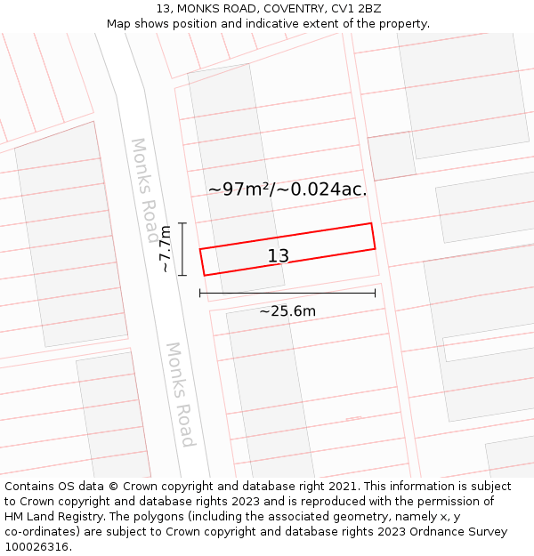 13, MONKS ROAD, COVENTRY, CV1 2BZ: Plot and title map