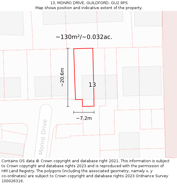 13, MONRO DRIVE, GUILDFORD, GU2 9PS: Plot and title map