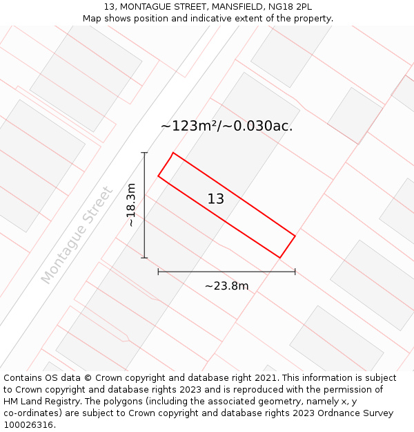 13, MONTAGUE STREET, MANSFIELD, NG18 2PL: Plot and title map
