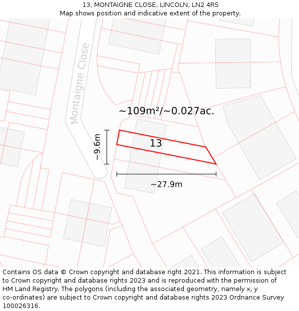 13, MONTAIGNE CLOSE, LINCOLN, LN2 4RS: Plot and title map